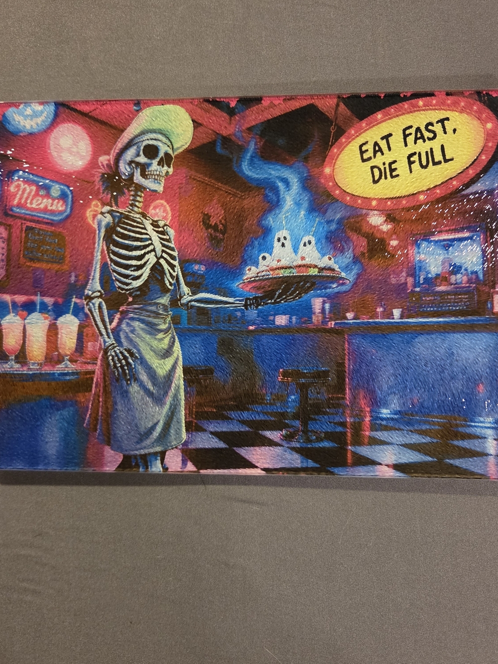 Title: Halloween Skeleton Diner Glass Cutting Board 8x11 Eat Fast Die Full